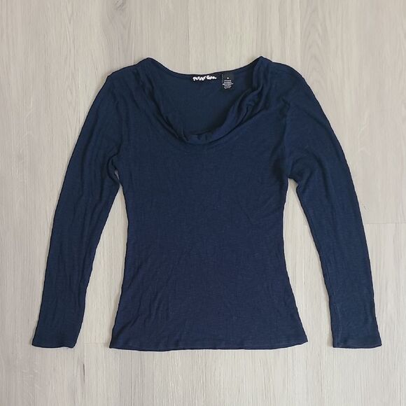 Planet Gold Fitted Cowl Scoop Neck Blue Long Sleeve Ribbed Top Stretchy Size XL - Picture 1 of 5
